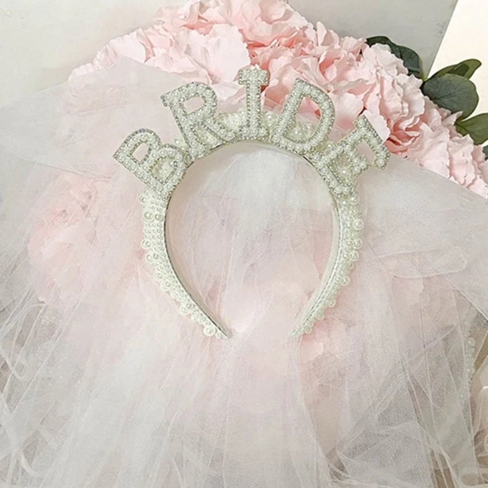 Bride's White Slippers & Bride Veil -Bachelorette Party or Wedding Pearl Bride